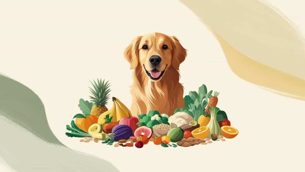 Golden retriever surrounded by fruits and vegetables, representing balanced diet and nutrition for dogs.