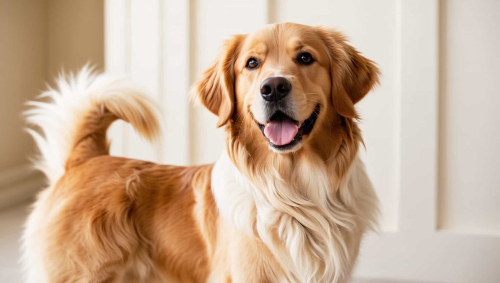 Golden retriever standing indoors with a friendly expression and wavy golden coat.