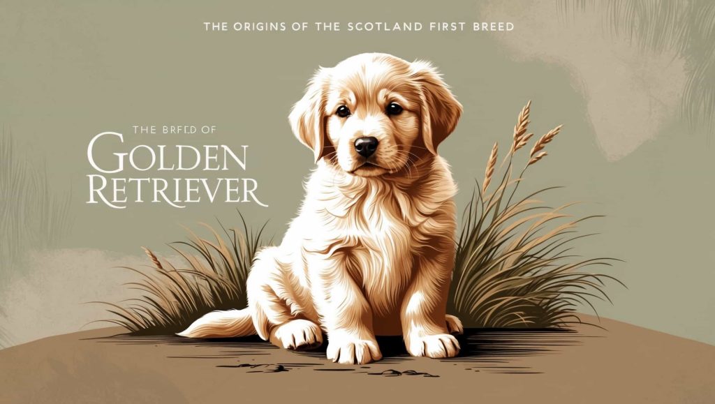 Illustration of a golden retriever puppy sitting on a grassy terrain, representing the origins of the breed in Scotland.