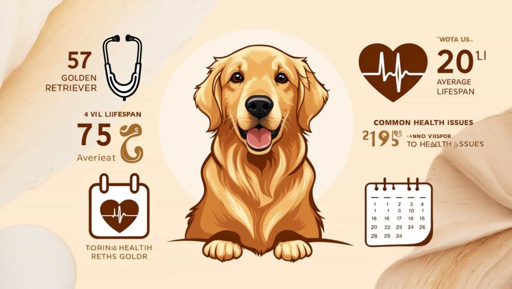 Infographic on golden retriever health and lifespan, featuring health statistics, lifespan averages, and common health issues.