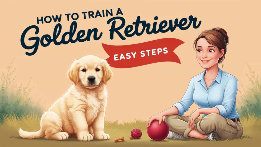 Illustration of a woman training a golden retriever puppy with toys and treats, showing easy training steps.