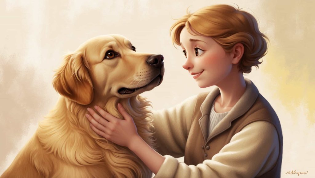 Illustration of a person lovingly caring for a golden retriever, showing affection and bonding.